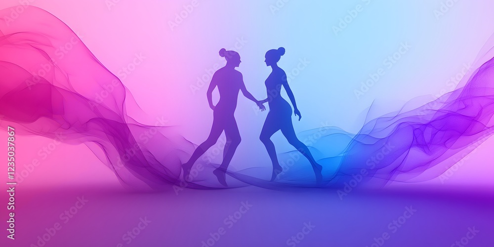 A vibrant dance performance with motion paths, blending real dancers and abstract 3D shapes to enhance energy and fluidity. Perfect for advertising, graphic design, or promoting arts and live events. A vibrant dance performance with motion paths, blending real dancers and abstract 3D shapes to enhance energy and fluidity. Perfect for advertising, graphic design, or promoting arts and live events.
