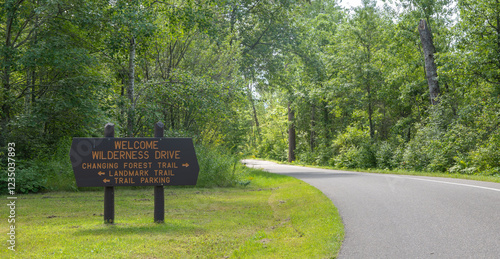Obraz na płótnie Wooden welcome and directional sign for the Wilderness Drive in the Itasca State Park in Minnesota. w salonie