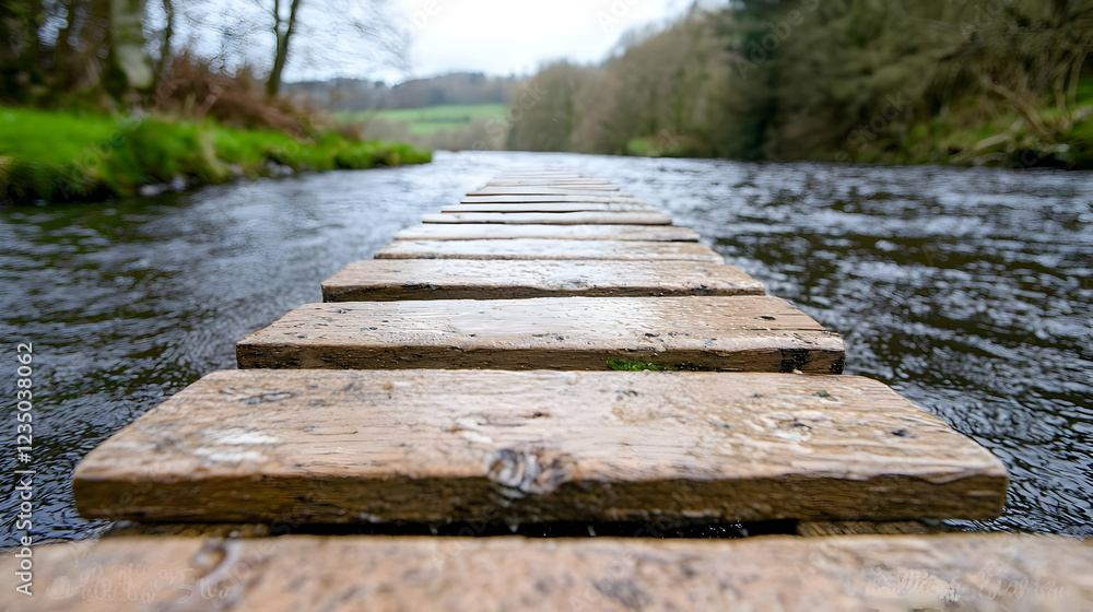 Fototapeta premium Wooden footbridge extends over a flowing river in a lush green forest during a cloudy day.