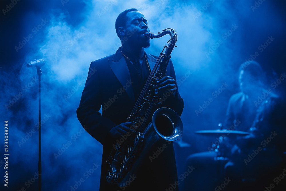 Fototapeta premium Silhouettes of jazz musicians performing on stage with saxophonist in blue smoke, creating captivating atmosphere