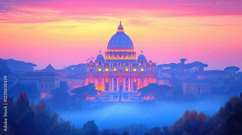 Fototapeta premium St Peters Basilica at Sunrise in a Misty Dawn