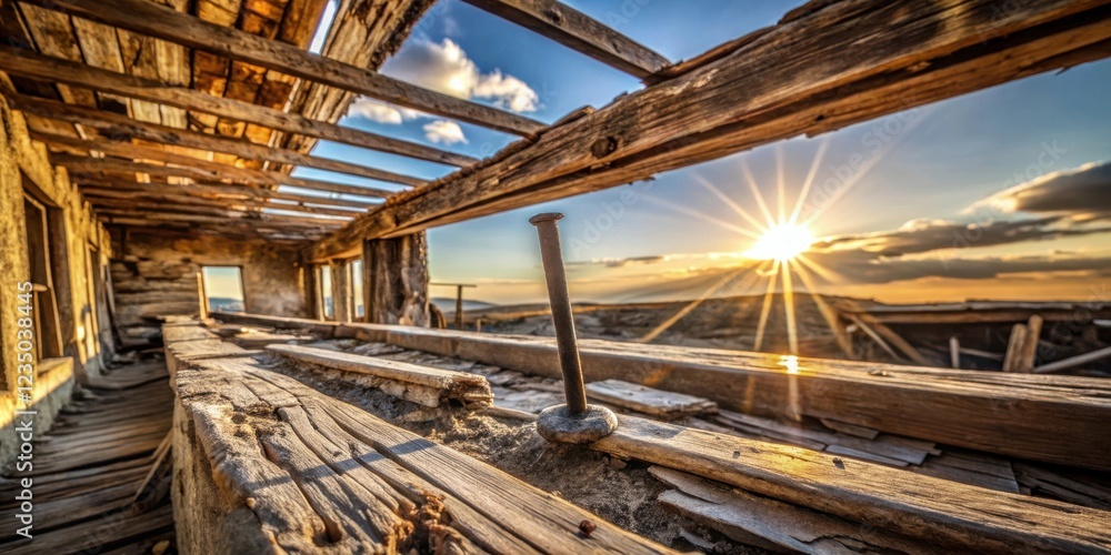 A solitary nail protrudes from a weathered wooden floor, framed by the remnants of a collapsed roof against a backdrop of a vibrant sunset. A solitary nail protrudes from a weathered wooden floor, framed by the remnants of a collapsed roof against a backdrop of a vibrant sunset.