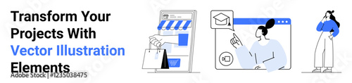 Online shopping storefront with bags, user interacting with email notification on screen, person thinking. Ideal for e-commerce, communication, user interface, creativity, business, technology flat
