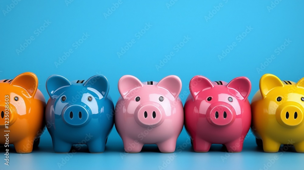 Colorful array of piggy banks displayed against a vibrant blue background showcasing savings and investment themes Colorful array of piggy banks displayed against a vibrant blue background showcasing savings and investment themes