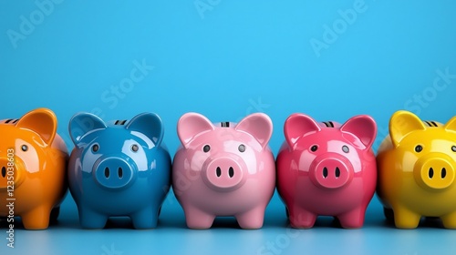 Colorful array of piggy banks displayed against a vibrant blue background showcasing savings and investment themes