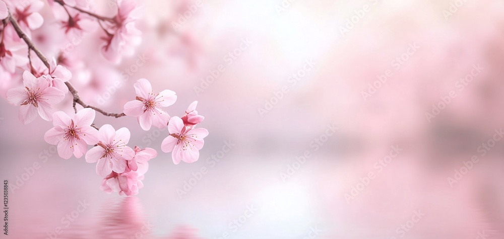 Obraz premium Cherry blossoms blooming gracefully by a serene lake during tranquil springtime moments