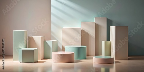 Wallpaper Mural Abstract Minimalist Product Display Featuring a Geometric Arrangement of Cylindrical and Rectangular Platforms Against a Soft Neutral Backdrop Torontodigital.ca