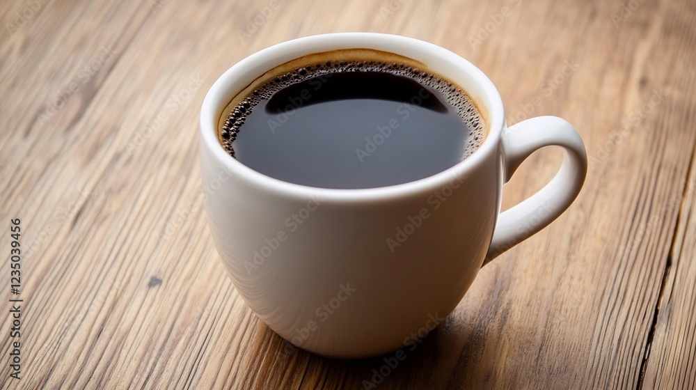 Classic White Coffee Cup Filled with Black Coffee on Rustic Wooden Surface : Generative AI Classic White Coffee Cup Filled with Black Coffee on Rustic Wooden Surface : Generative AI