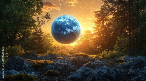 Planet Earthlike Orb Hovers Over Forest Rocks Sunset photo