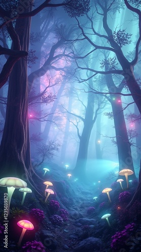 colorful luminous mushrooms magical forest background fantasy