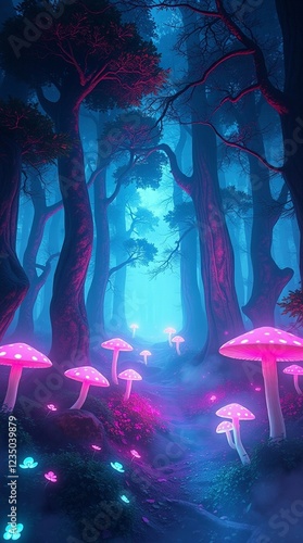  colorful luminous mushrooms magical forest background