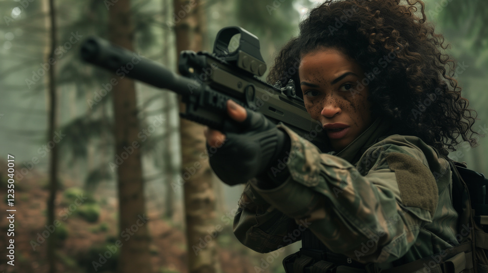 Focused female soldier in camouflage aiming a rifle in a dense forest, displaying determination and readiness for combat. Focused female soldier in camouflage aiming a rifle in a dense forest, displaying determination and readiness for combat.