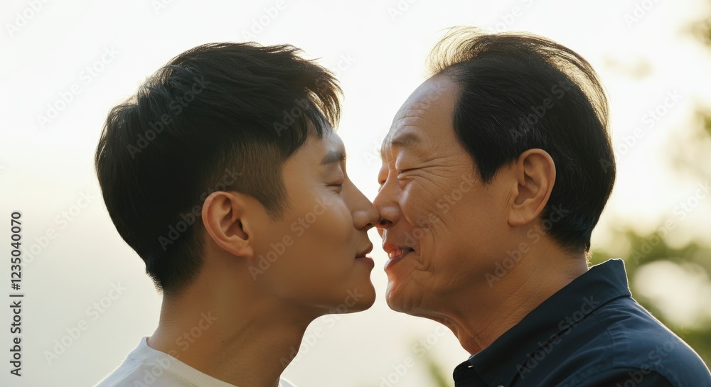 Father and son bonding, intimate moment between young and elderly asian males outdoors Father and son bonding, intimate moment between young and elderly asian males outdoors