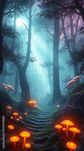 colorful luminous mushrooms magical forest background