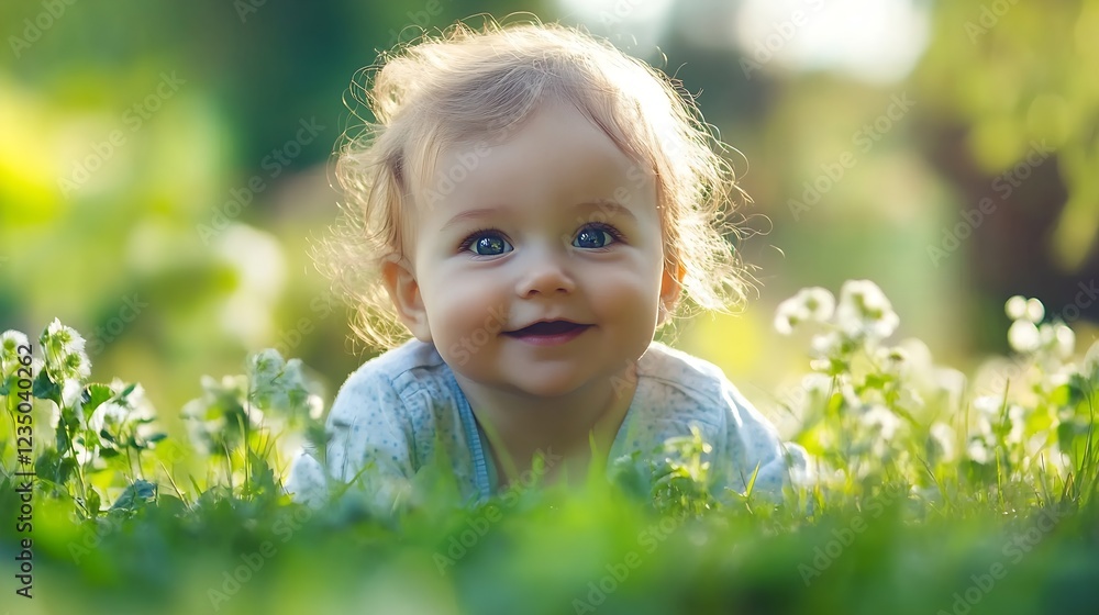 Joyful Baby Crawling in Vibrant Nature Among Fresh Spring Blossoms : Generative AI Joyful Baby Crawling in Vibrant Nature Among Fresh Spring Blossoms : Generative AI