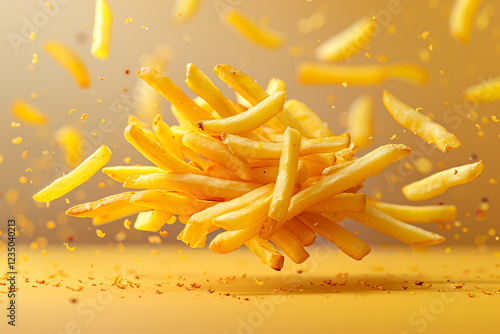 Crispy golden french fries in mid-air with salt particles around, on a warm yellow background. Dynamic fast food concept with copy space. photo