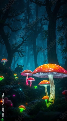 magical forest with fluorescent mushrooms and fantastic creatures