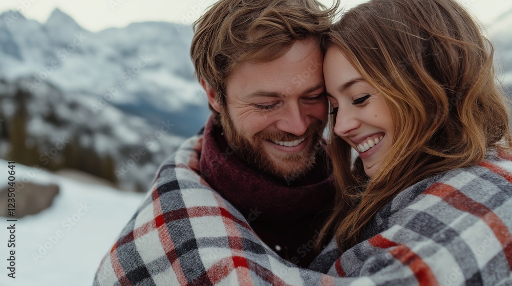 Couple wrapped in warm plaid blanket sharing joyful moment in the snow Couple wrapped in warm plaid blanket sharing joyful moment in the snow
