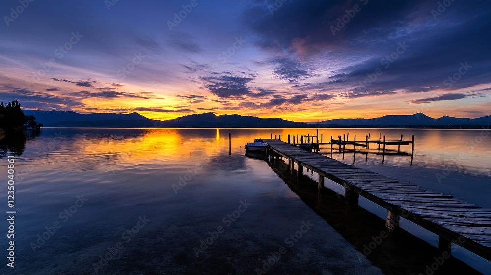 Fototapeta premium Tranquil Lake Pier at Sunset with Vibrant Reflections and Silhouetted Mountains : Generative AI