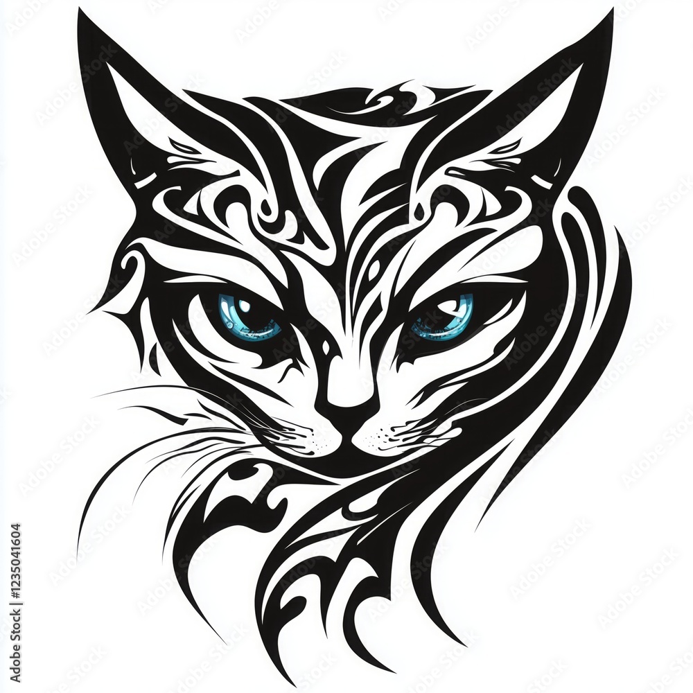 Obraz premium Black and white cat logo featuring striking blue eyes against a white background