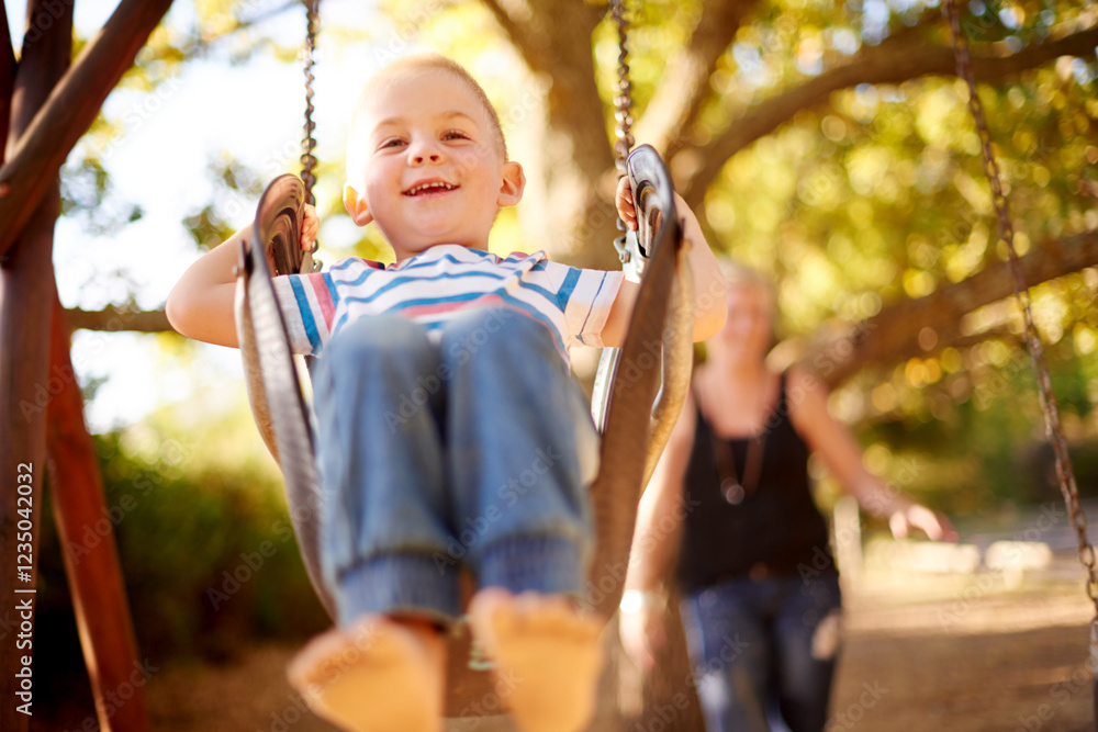 Swing, park and portrait of boy with mother, outdoor adventure and development for kids in nature. Relax, mom and happy child in playground for growth, fun games or childhood play on summer weekend Swing, park and portrait of boy with mother, outdoor adventure and development for kids in nature. Relax, mom and happy child in playground for growth, fun games or childhood play on summer weekend