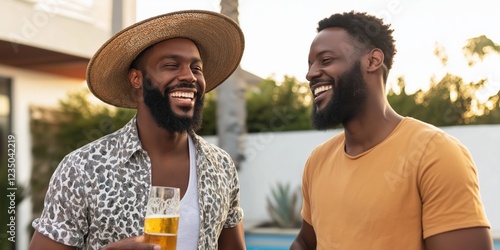 Fototapeta Naklejka Na Ścianę i Meble -  Two men are smiling and holding glasses of beer. One of them is wearing a straw hat. Scene is lighthearted and fun
