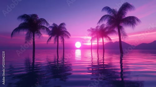Palm Trees Silhouetted Against a Vibrant Sunset Ocean