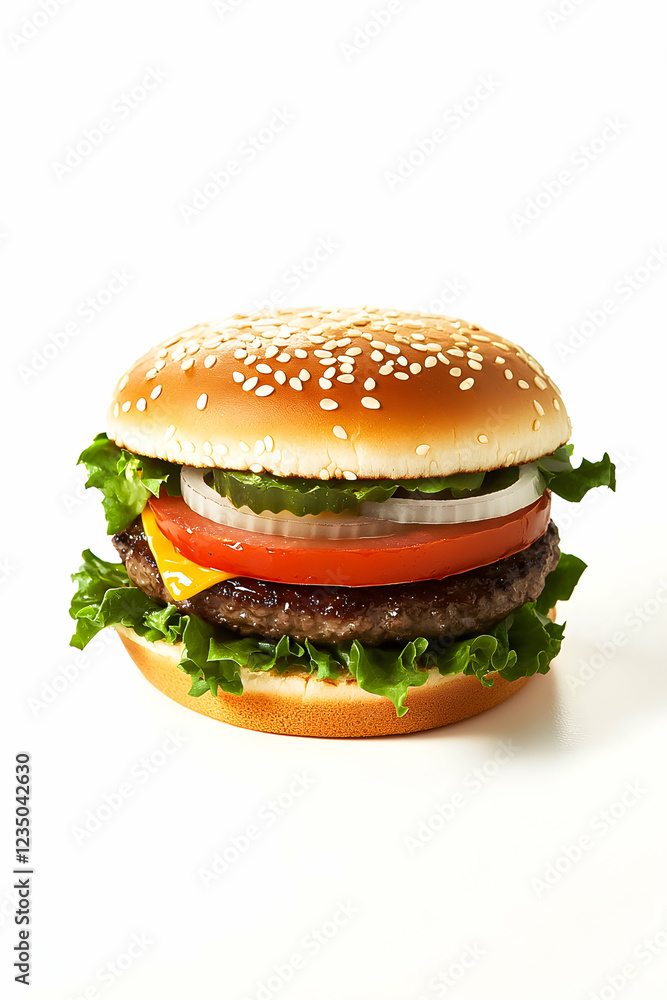 Juicy hamburger with fresh vegetables and sesame seed bun ready to enjoy for a delicious meal Juicy hamburger with fresh vegetables and sesame seed bun ready to enjoy for a delicious meal