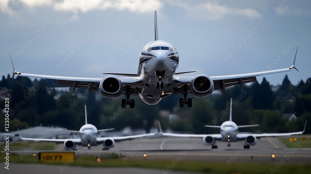 Commercial Airplanes Landing and Taxiing on Runway at Busy Airport : Generative AI Commercial Airplanes Landing and Taxiing on Runway at Busy Airport : Generative AI
