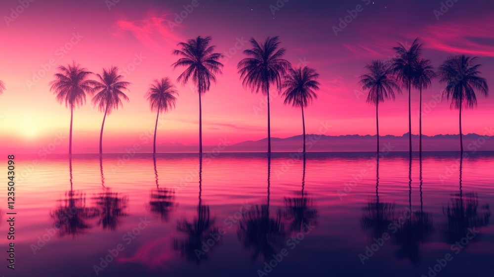 Obraz premium Pink Sunset Over Tropical Ocean With Palm Trees