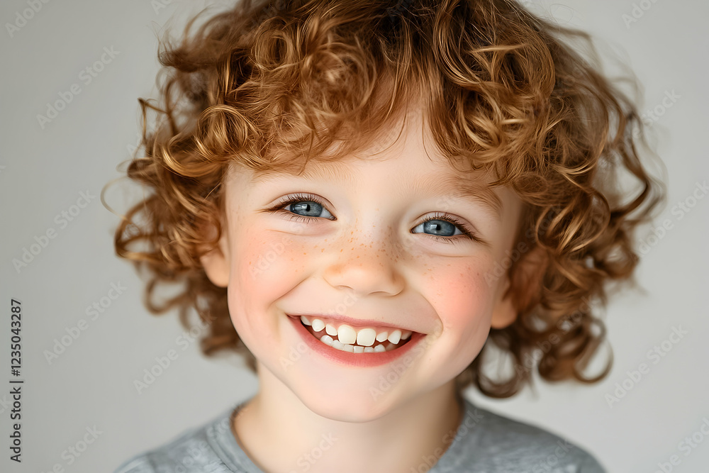 Joyful child with curly hair smiles brightly against a plain background, capturing a moment of innocence and happiness Joyful child with curly hair smiles brightly against a plain background, capturing a moment of innocence and happiness