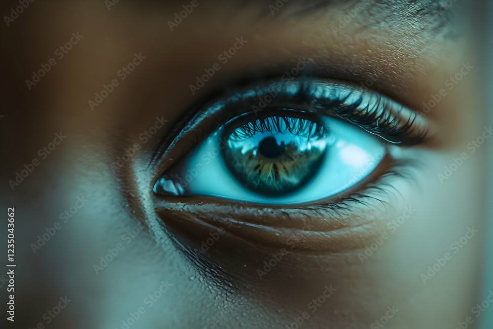 Fototapeta premium Close-up of a young person's striking eye showcasing vibrant colors and intricate details under natural light