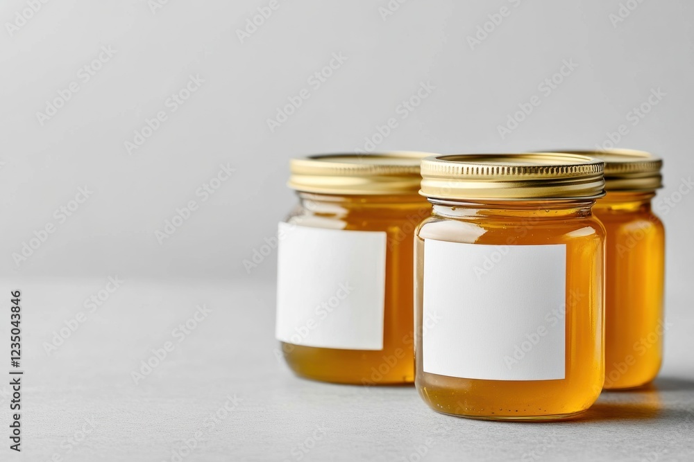 Three Honey Jars with Blank Labels on Grey Background Three Honey Jars with Blank Labels on Grey Background