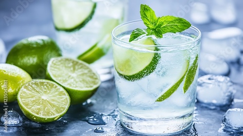 Wallpaper Mural Refreshing Lime and Mint Infused Sparkling Water with Ice Cubes : Generative AI Torontodigital.ca