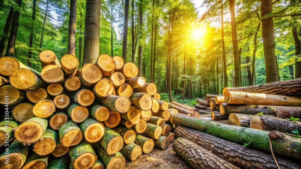 A stack of freshly cut logs in a sun-drenched forest, revealing the beauty and the impact of logging on nature. A stack of freshly cut logs in a sun-drenched forest, revealing the beauty and the impact of logging on nature.