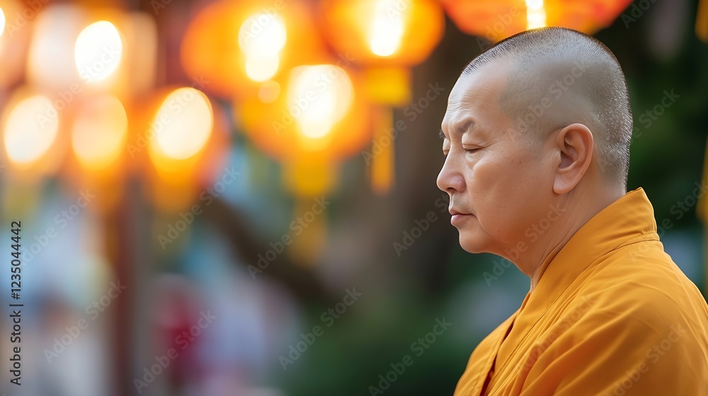 Meditating Monk in Peaceful Setting with Golden Lanterns and Spiritual Ambiance : Generative AI Meditating Monk in Peaceful Setting with Golden Lanterns and Spiritual Ambiance : Generative AI