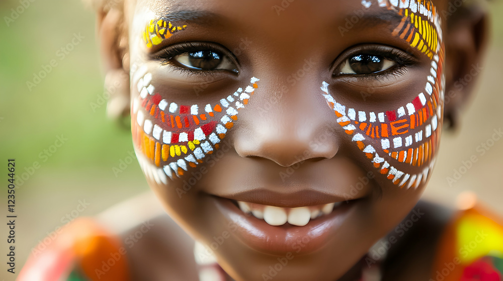 Young girl with vibrant face paint smiles at the camera during a cultural celebration in a village Young girl with vibrant face paint smiles at the camera during a cultural celebration in a village
