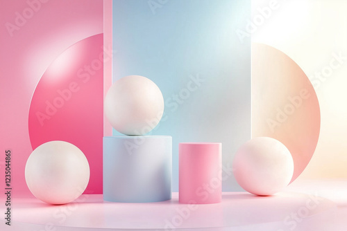 Modern abstract composition with geometric shapes in soft pastel tones of pink and blue. Minimalistic 3D rendering with spheres and blocks, perfect for branding, product display, and digital art