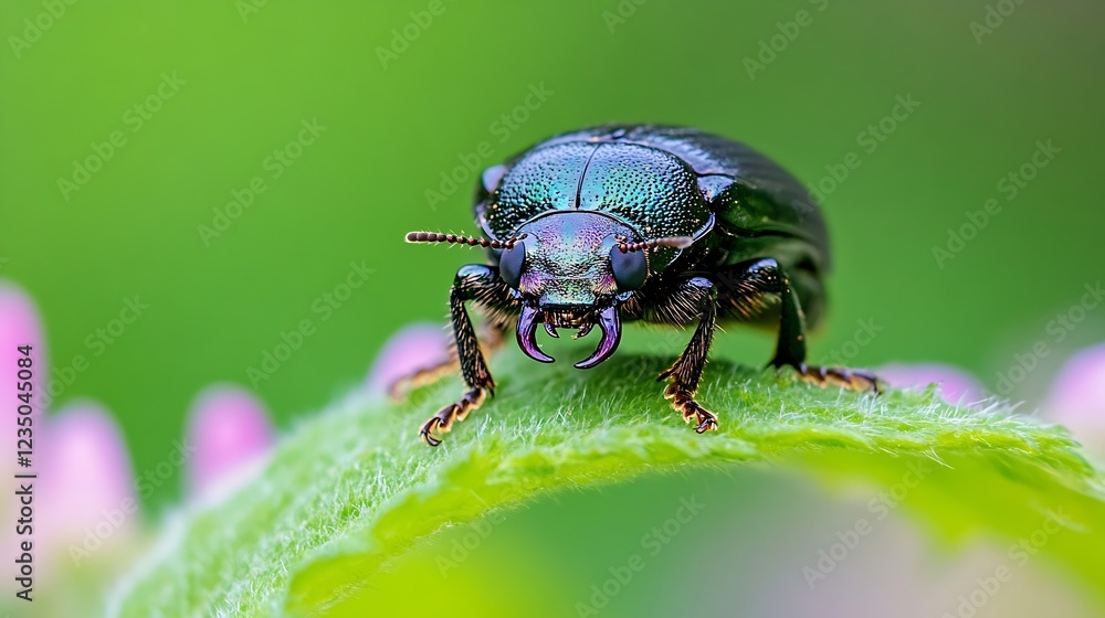 Vibrant Metallic Beetle Perched on Fresh Green Leaf in Natural Setting Macro Photography : Generative AI Vibrant Metallic Beetle Perched on Fresh Green Leaf in Natural Setting Macro Photography : Generative AI