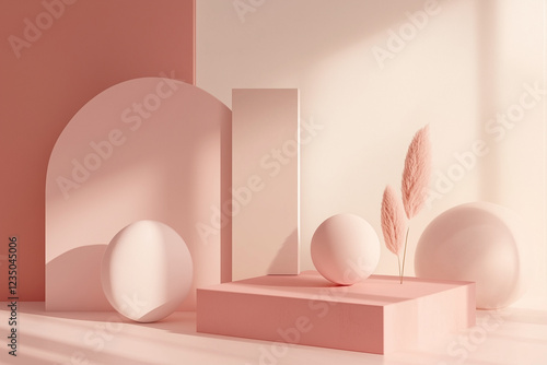 Elegant minimalist composition with geometric shapes in soft pastel pink tones. Abstract 3D scene with spheres, arches, and podiums, ideal for branding, product display, and modern design concepts