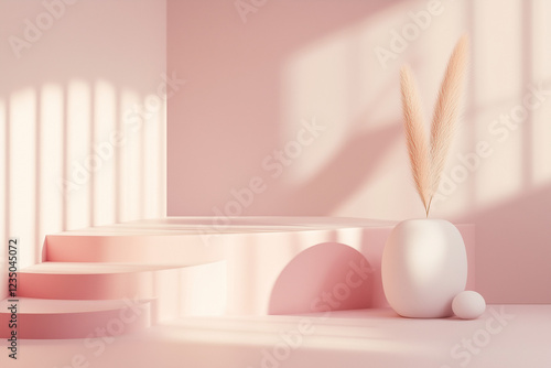 Elegant minimalist composition with geometric shapes in soft pastel pink tones. Abstract 3D scene with spheres, arches, and podiums, ideal for branding, product display, and modern design concepts