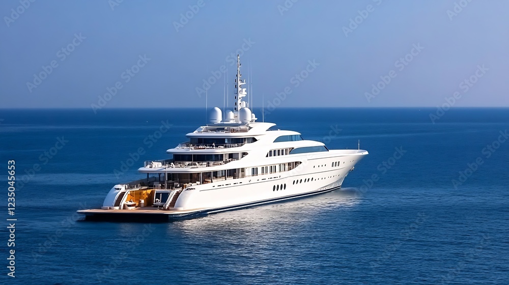 Majestic White Super Yacht on Blue Sea Under Clear Sky : Generative AI Majestic White Super Yacht on Blue Sea Under Clear Sky : Generative AI