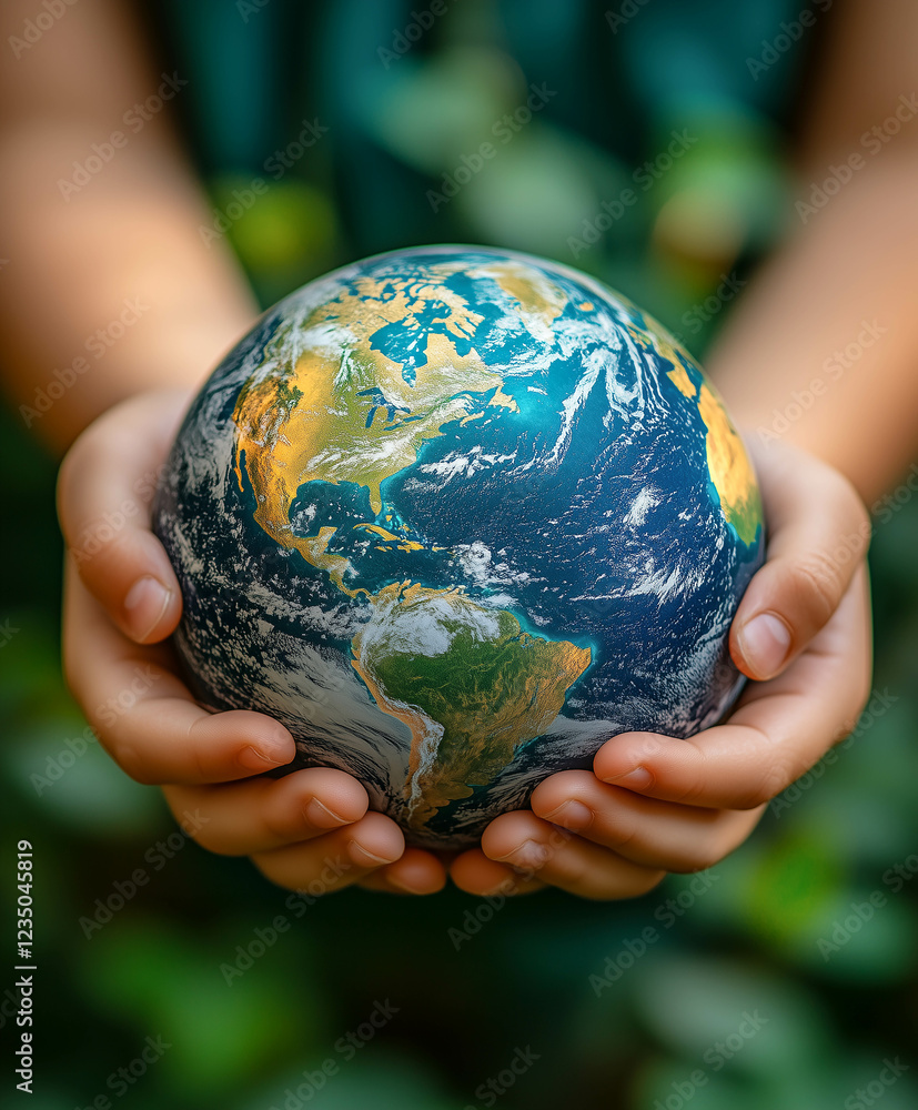 Planet in child hands on against green spring background. World Environment Day. World Mental Health Day concept. Planet in child hands on against green spring background. World Environment Day. World Mental Health Day concept.