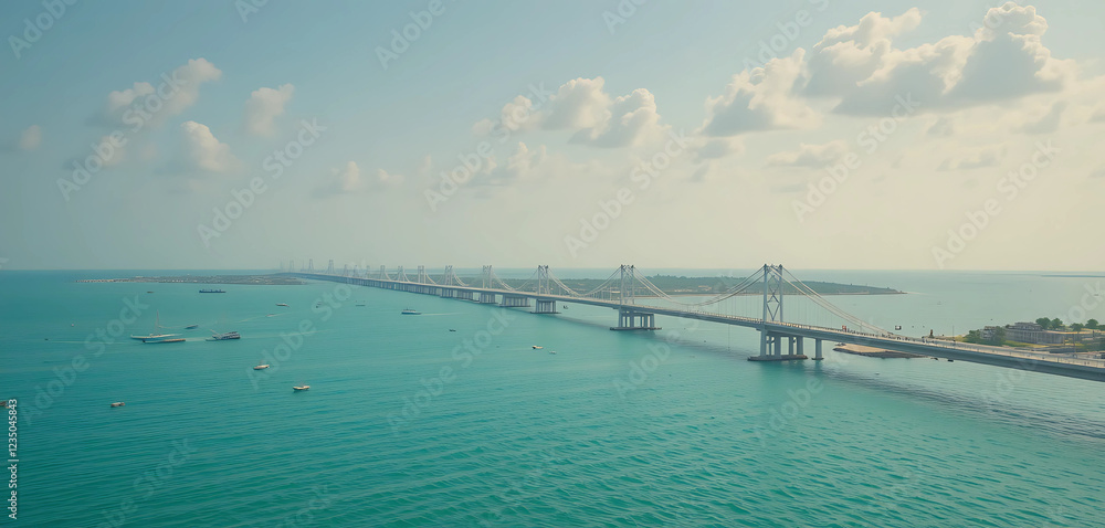 A stunning view of the Pamban Bridge, connecting the mainland of India with Rameswaram Island. The bridge stretches across the turquoise waters of the Indian Ocean. A stunning view of the Pamban Bridge, connecting the mainland of India with Rameswaram Island. The bridge stretches across the turquoise waters of the Indian Ocean.
