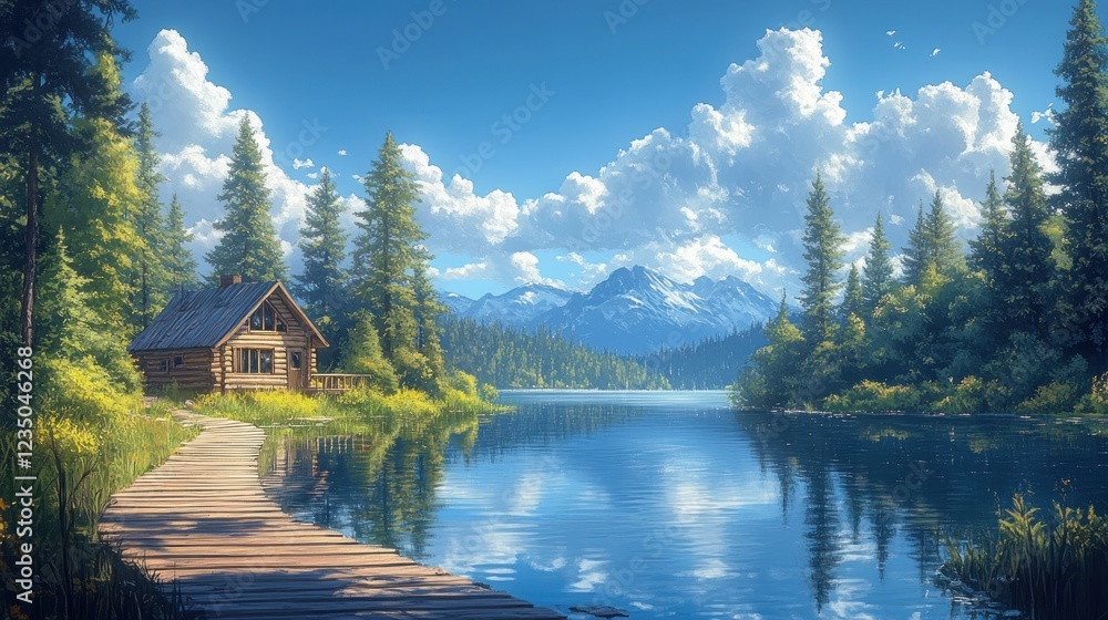 Fototapeta premium Lakeside cabin, mountain view, summer, peace, path