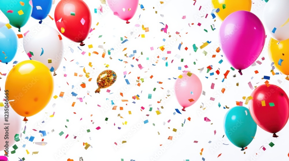 A joyful scene of colorful celebration balloons against a clean white background, Festive atmosphere scene, Colorful style A joyful scene of colorful celebration balloons against a clean white background, Festive atmosphere scene, Colorful style