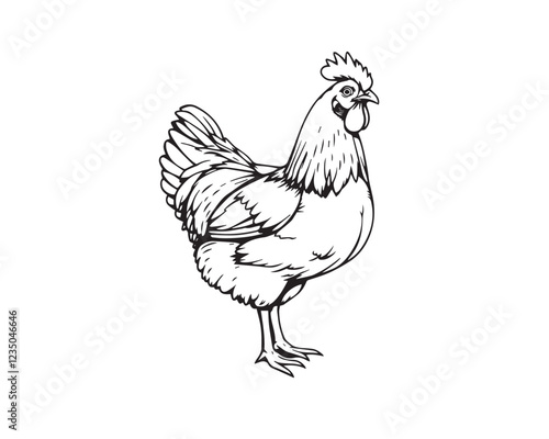 Black and white line art illustration featuring a hen, illustration vector.