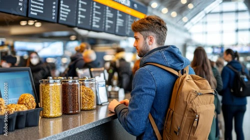 Busy airport café scene with a traveler looking at the menu while waiting in line.

