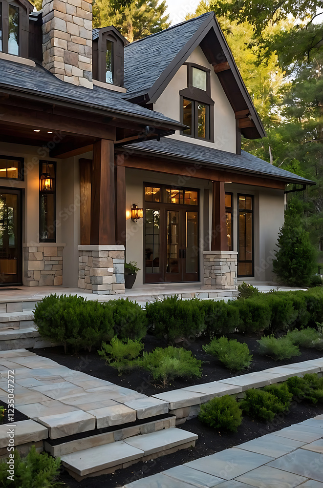 Obraz premium Luxury Modern Home Exterior Design: Stone, Wood, and Glass Architecture