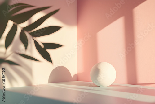 Minimalistic modern interior with soft pink hues, a white spherical object, and a lush green plant casting beautiful shadows. Perfect for design, home decor, and lifestyle visuals